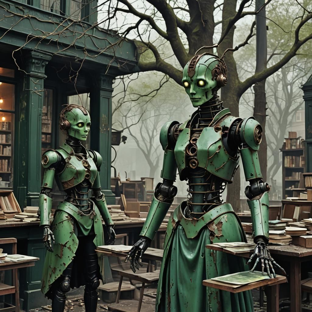 Gothic Steampunk Scene with Copper Corrosion and Automata