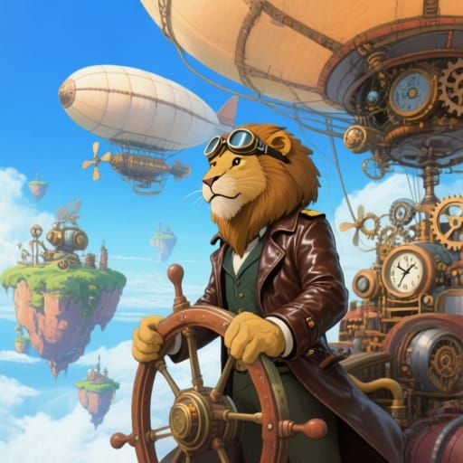 Lion Airship Captain Soaring Through Steampunk Sky