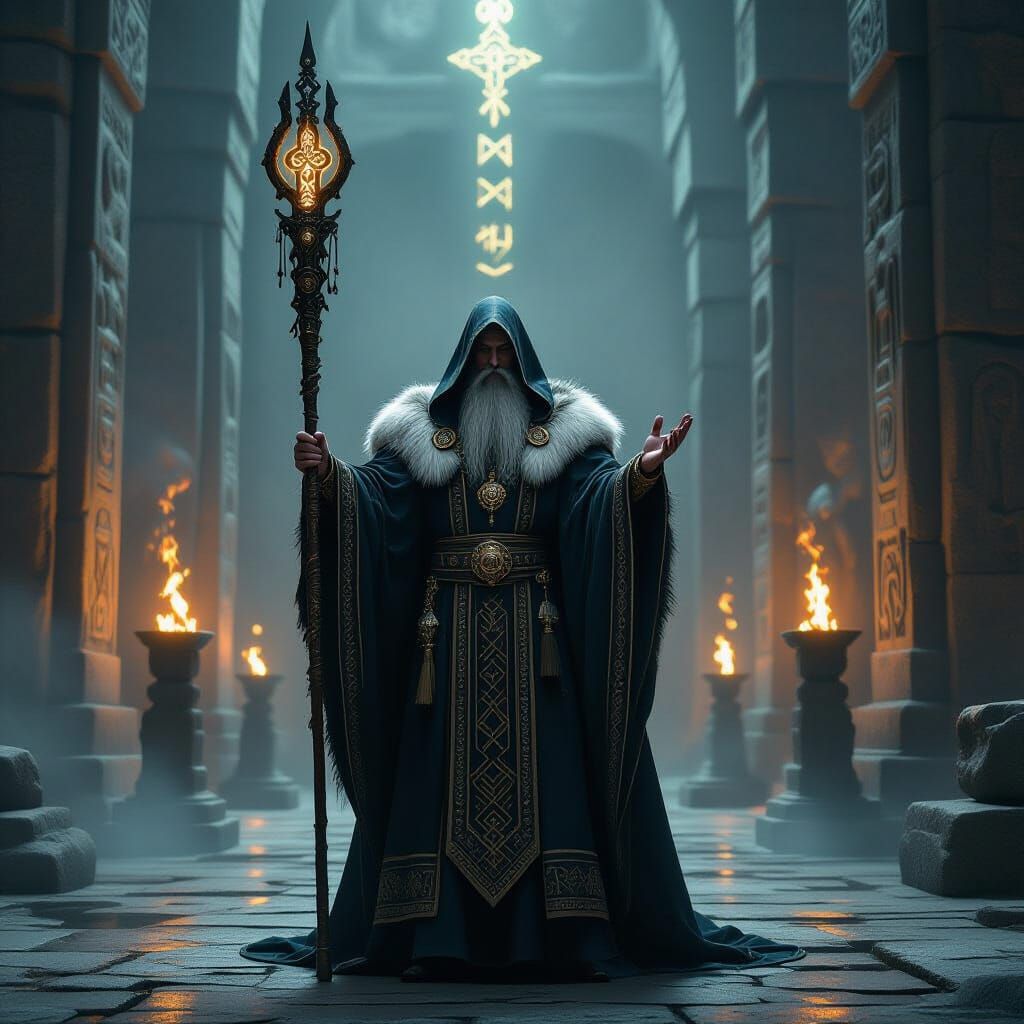 Norse Hierophant in Ancient Temple, Mystical Atmosphere