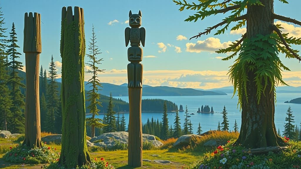 Totem Poles on BC Coast in Bright Morning Light