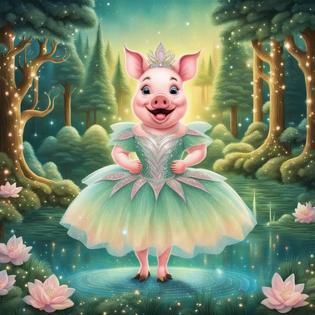 Whimsical Cartoon Pig in Fairytale Storybook Style