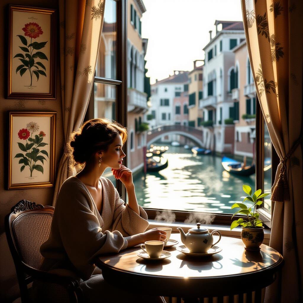 Woman by Venice Canal Window with Teapot, Botanical Art