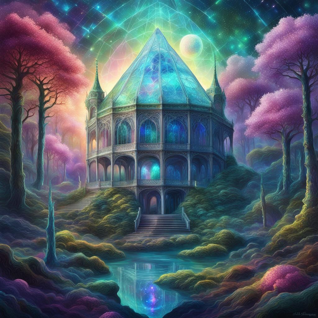 Crystal Palace in Forest: Holographic Astral Illustration