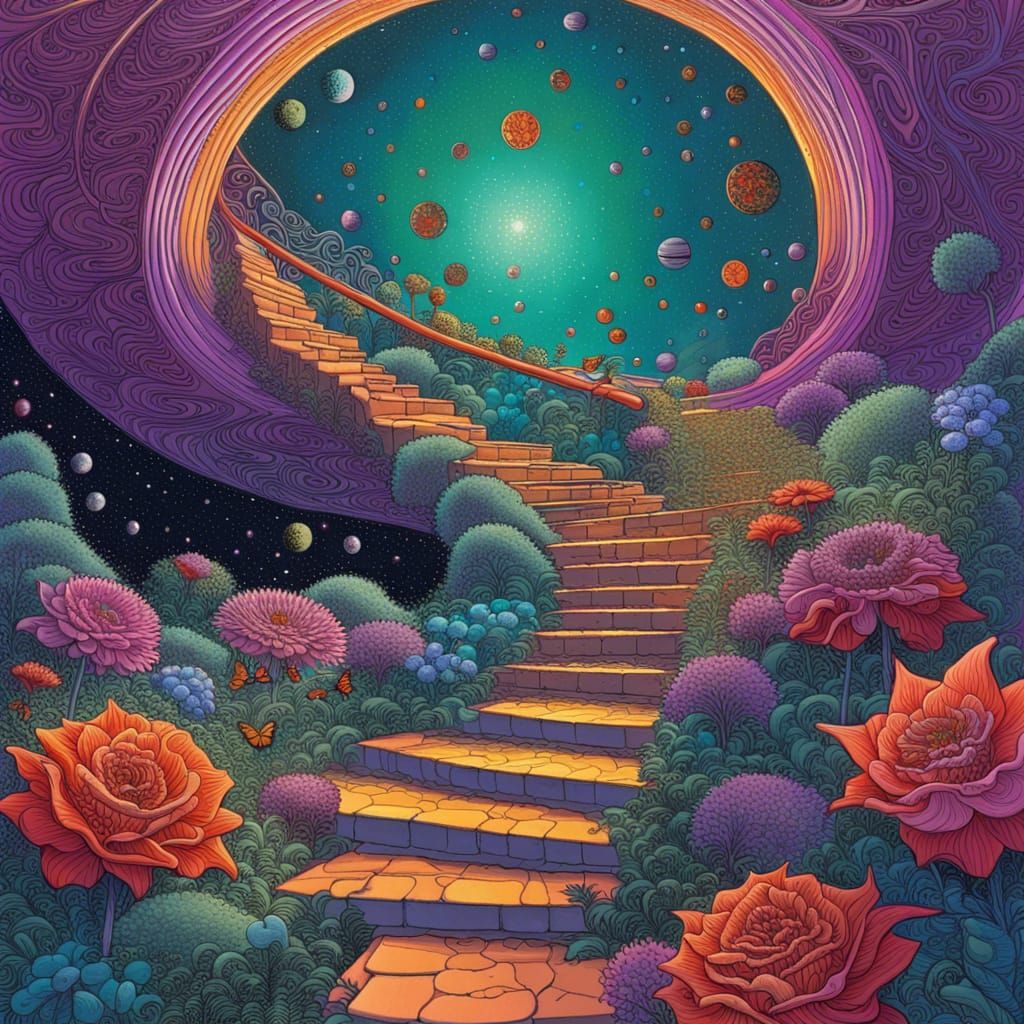 Escher Flowers Ascend in Moebius-Inspired Art