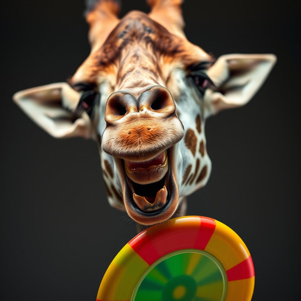 Giraffe Portrait Playing Frisbee, Professional Studio Lighti...