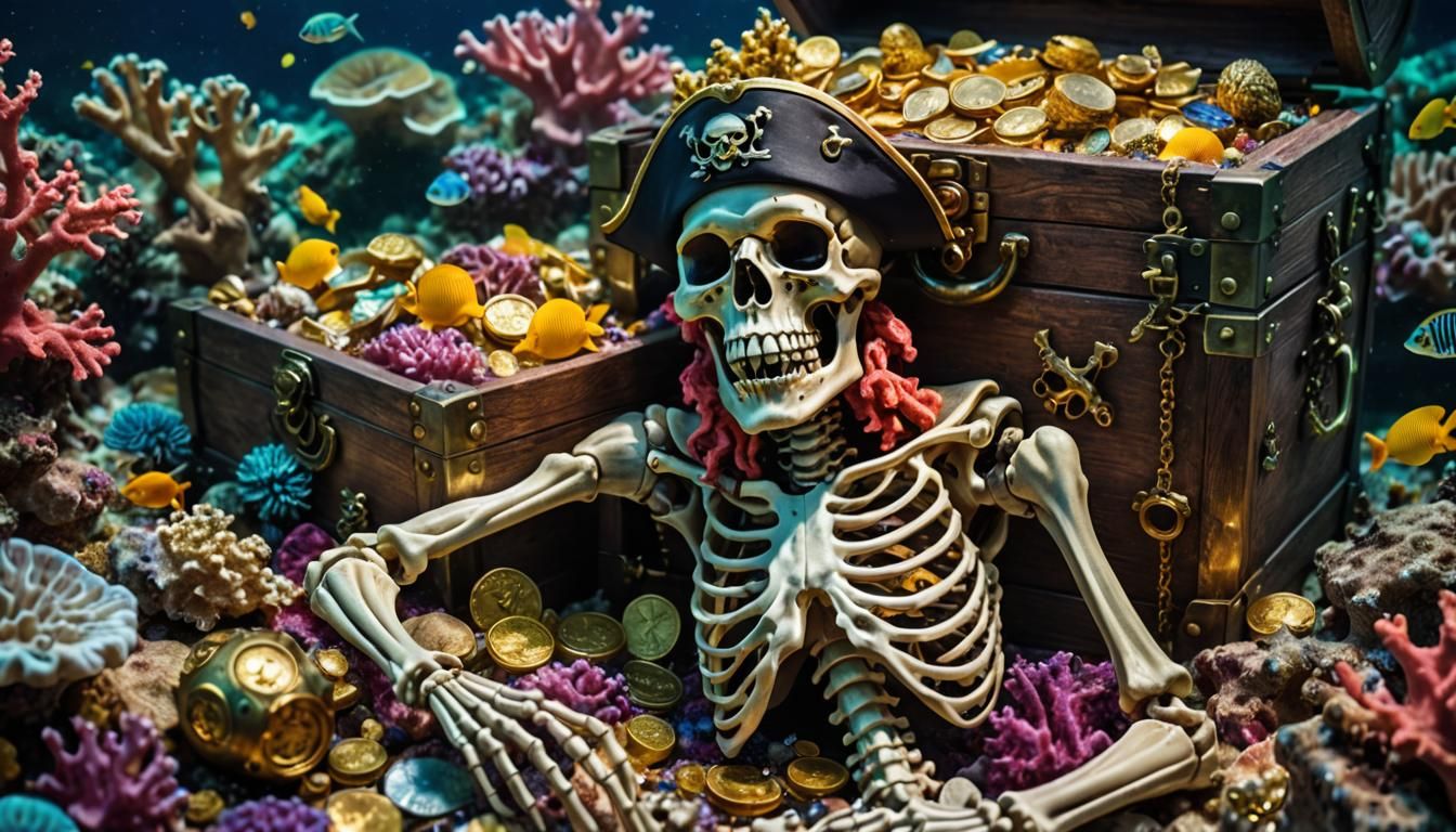 Glowing Pirate Skeleton's Coral Reef Treasure: Macro Photogr...