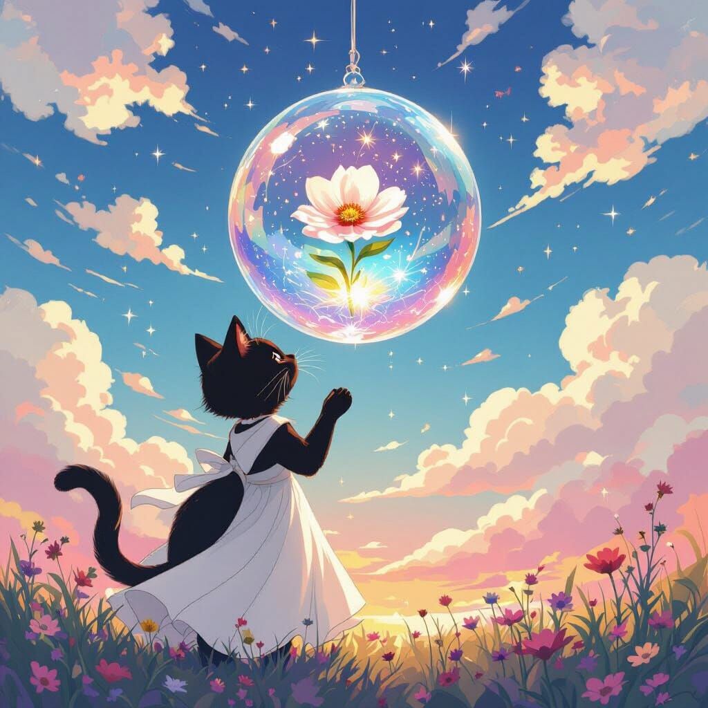 Cat Gazing at Flower in Crystal Ball