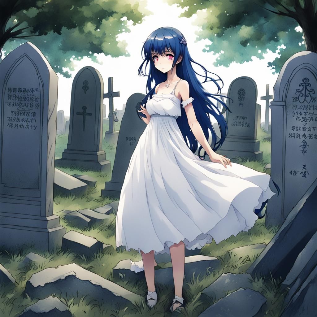 Anime Girl in White Dress Among Gravestones