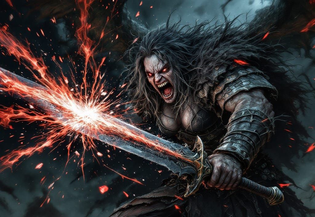 Dark fantasy barbarian rage and sword protects agains magic