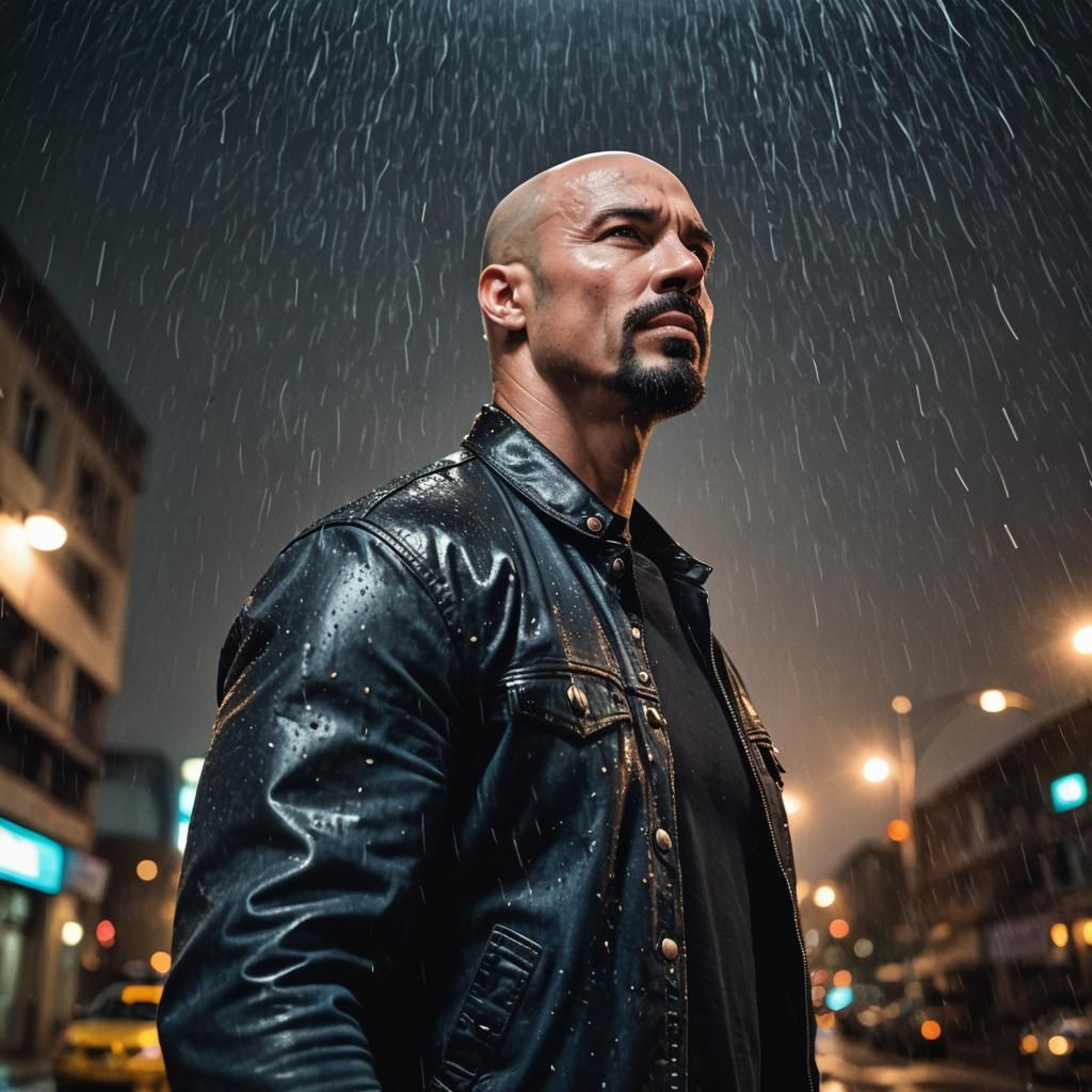 Muscular Man in Leather Jacket in Rainy Noir Scene