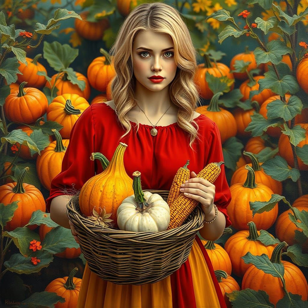 Art Nouveau Painting of Woman with Autumn Harvest Basket