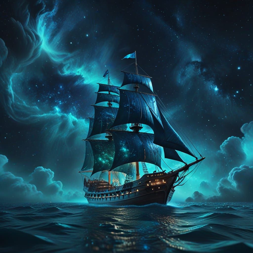 Majestic Wooden Ship Sails Through Ethereal Space Nebula