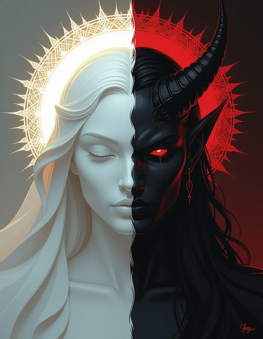 Angelic Face vs Devilish Face in Dark Surrealism