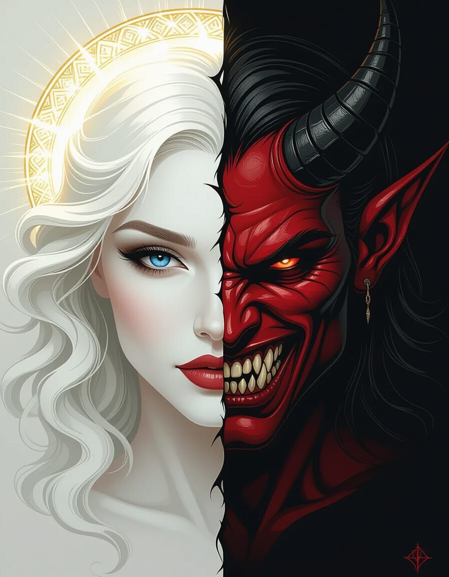 Angelic Face Contrasted with Devilish Features