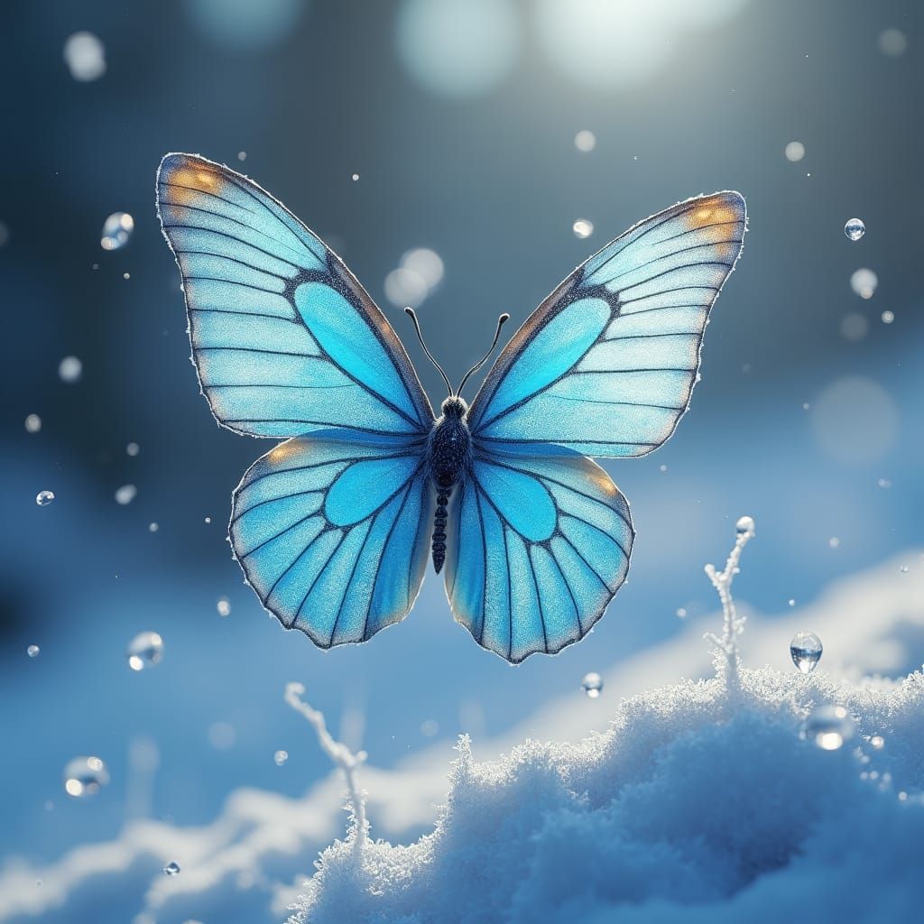 Blue Butterfly Flies Through Winter Landscape