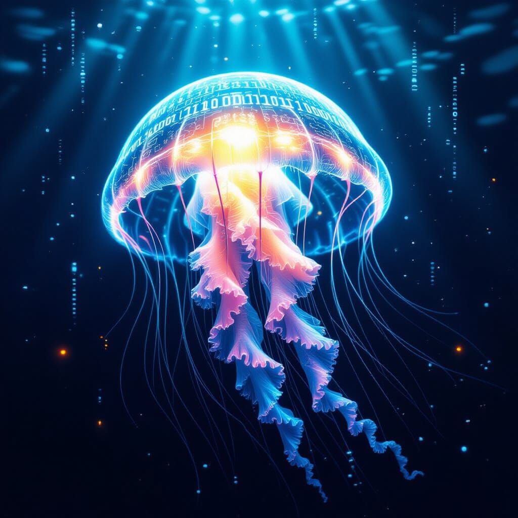 Bioluminescent Data Jellyfish in Digital Abyss Illustration