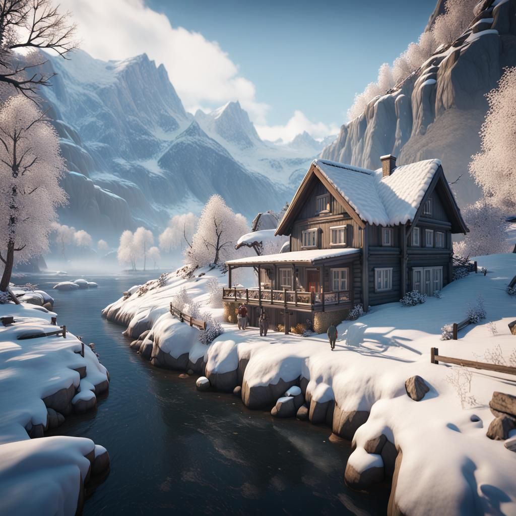 Winter Cottage in Fjord Valley: 3D Game Render