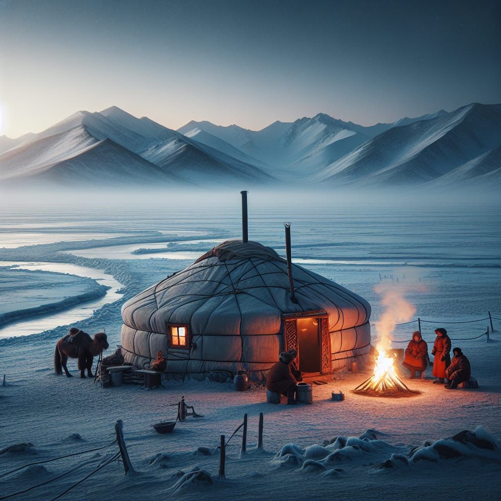 Traditional Mongolian Yurt in the Frozen Winter Landscape