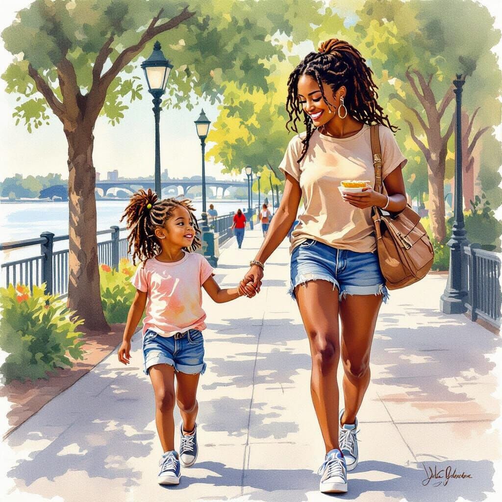 Girl With Braids on Riverwalk in Watercolor Style