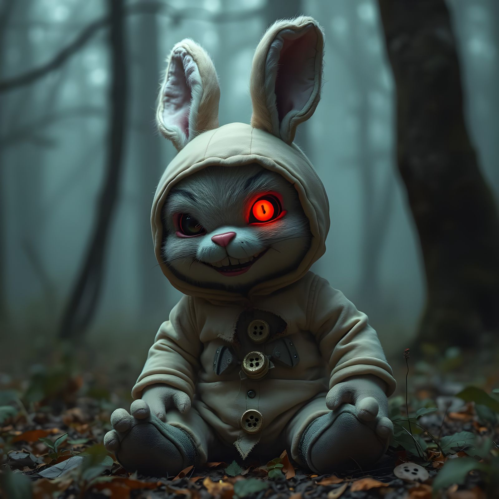 Evil Bunny with Mechanical Innards in Misty Forest