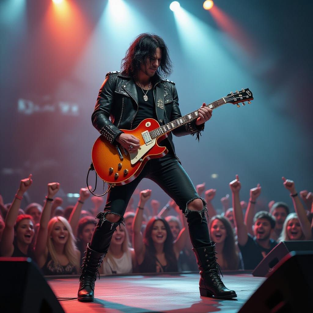 Rockstar Shredding Guitar on Stage in Photorealistic Style