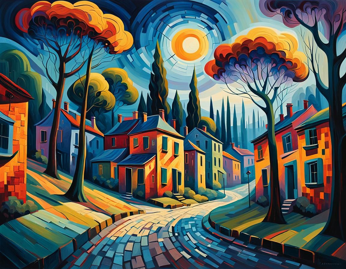 Surreal Fauvist Landscape with Twisted Architecture