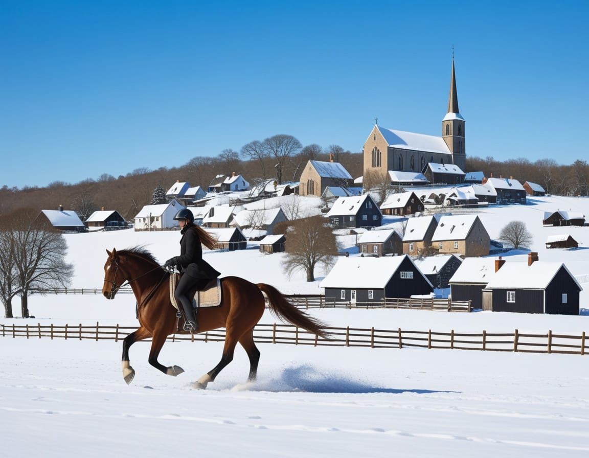 Girl Riding Horse Through Snowy Village Landscape