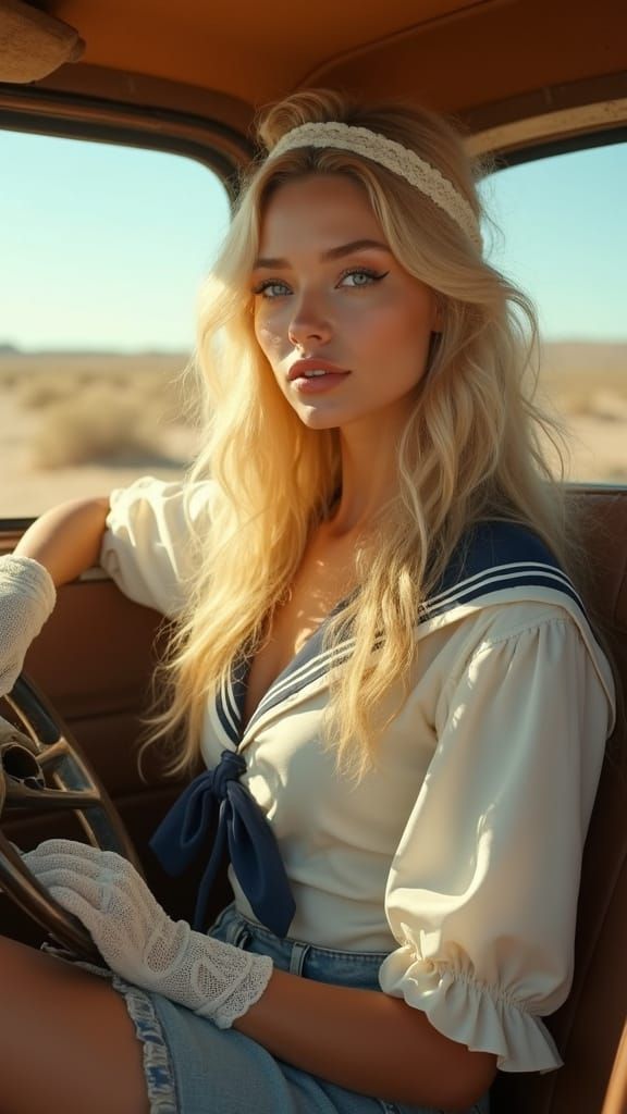 Ethereal Blonde Woman in Vintage Truck