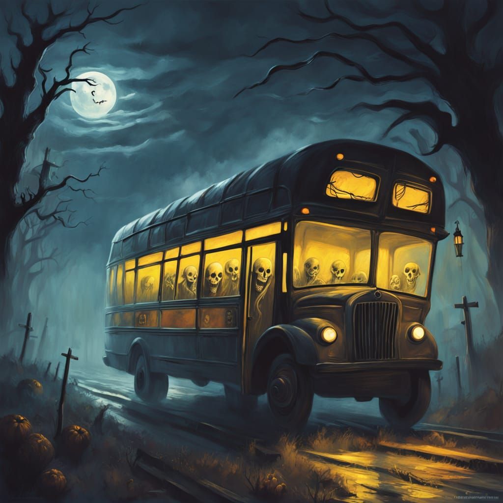 Mysterious Night Bus Through a Misty, Moonlit Landscape