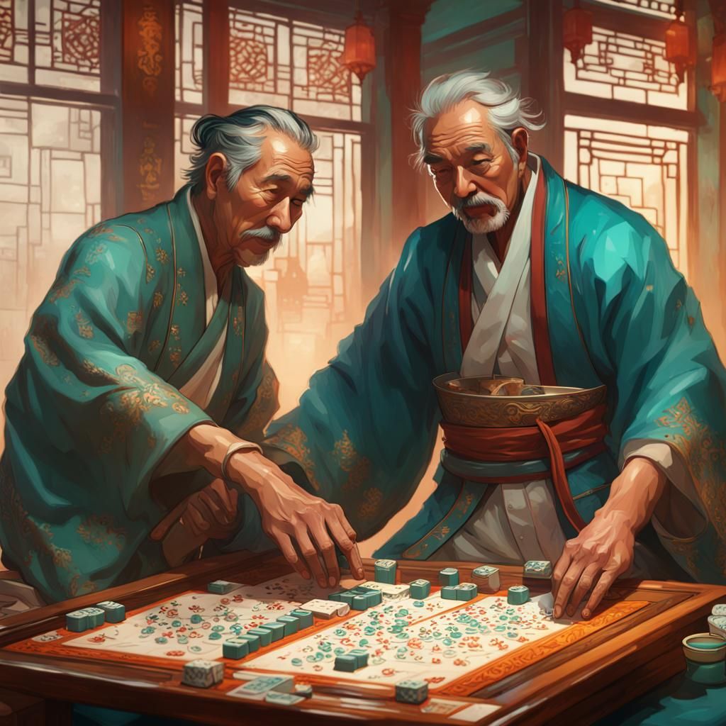 Asian Men Play Mahjong in Hyperrealistic Concept Art