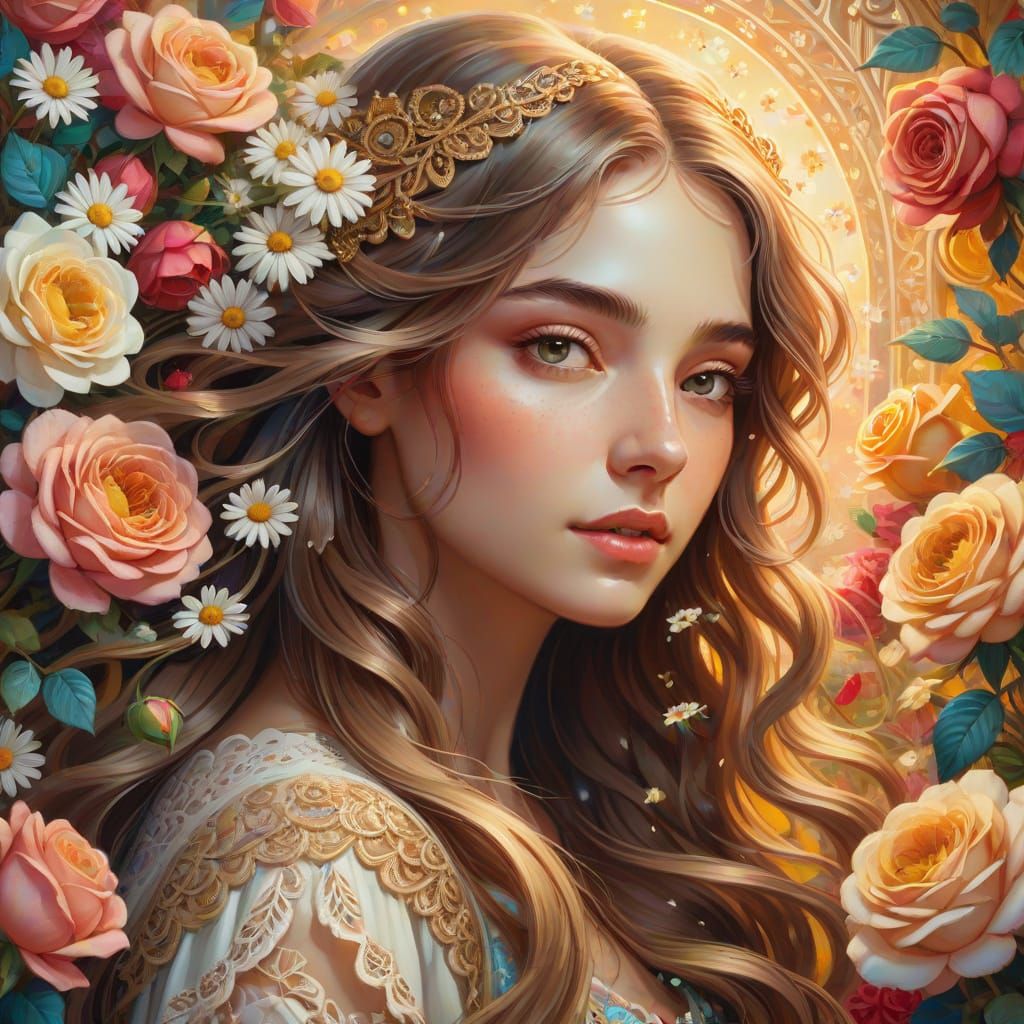 Floral Fantasy: A Detailed Oil Painting of a Young Woman