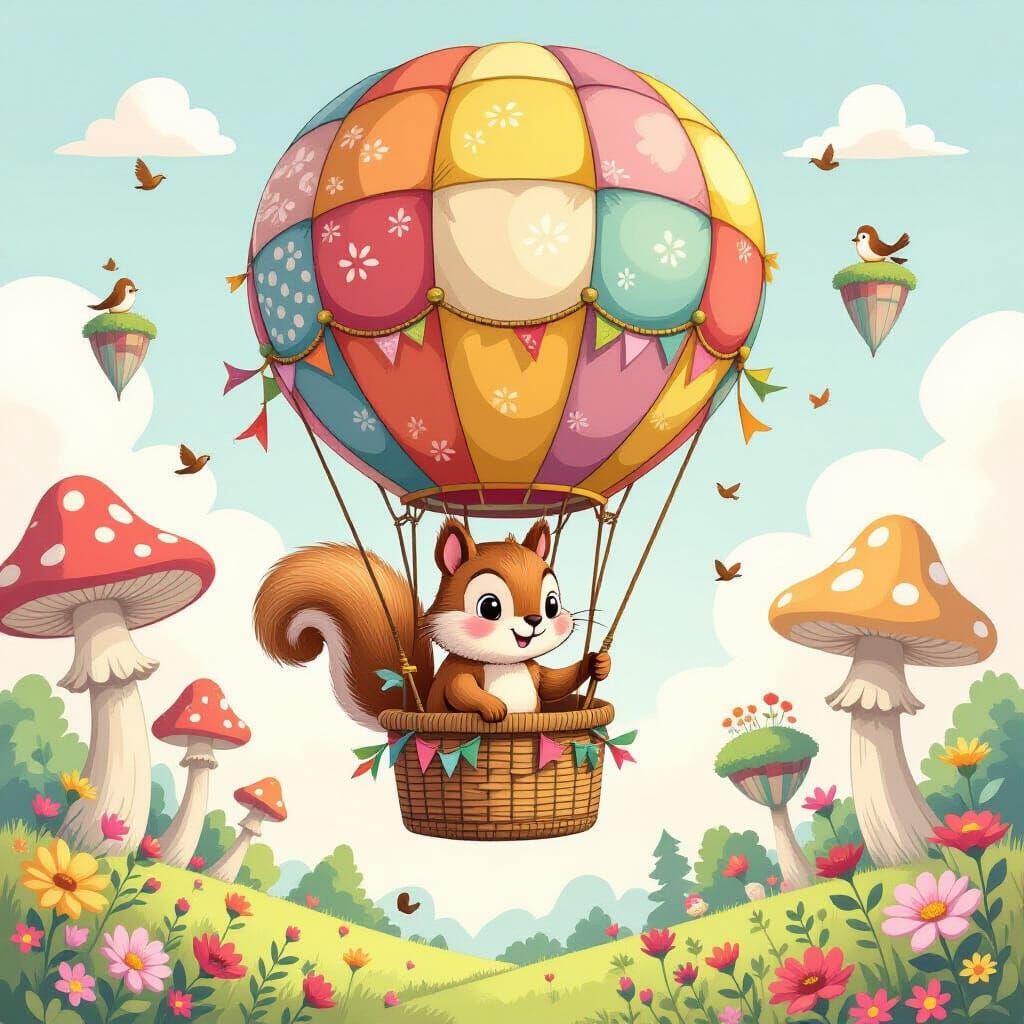 Squirrel in Hot Air Balloon, Mixed-Media Art