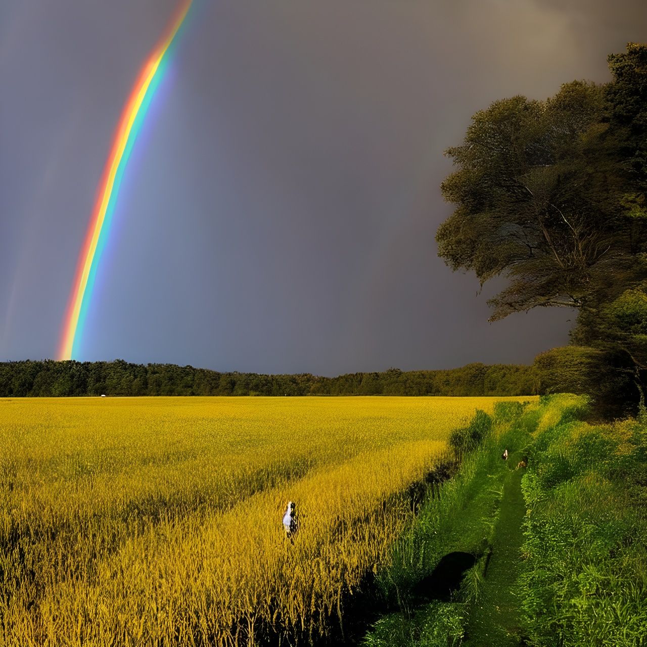 Surreal Cornfield Landscape with Rainbow and Thunder