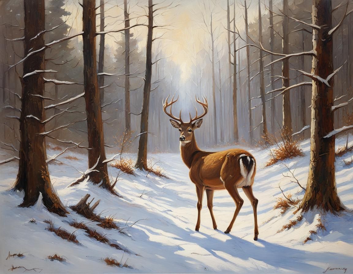 Deer in Winter Forest: Oil Painting Style