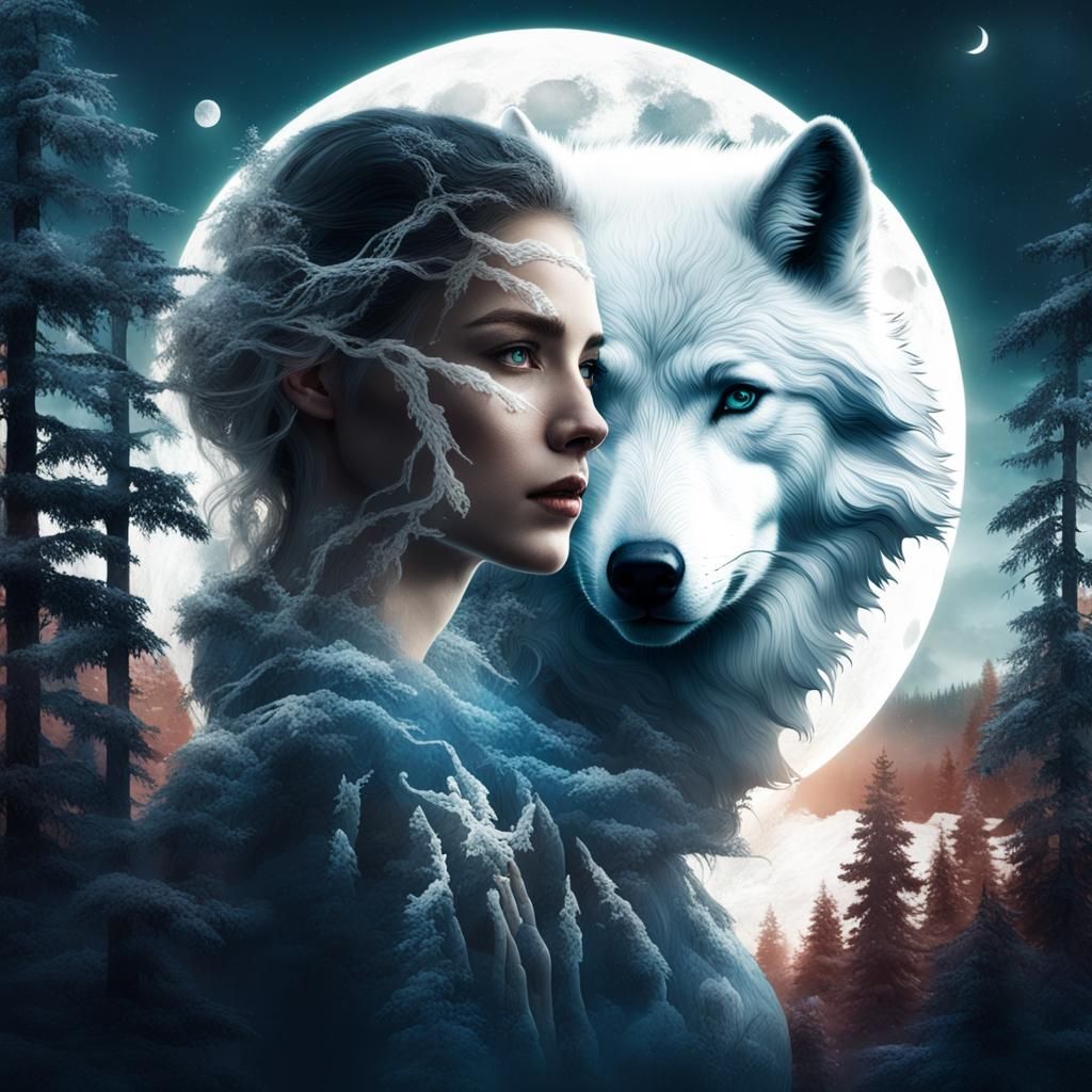 Double Exposure: Woman and White Wolf in Forest