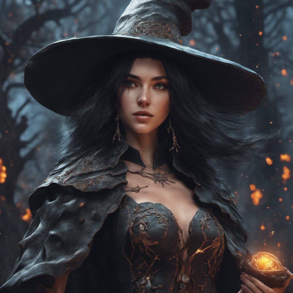 Fantasy Witch with Black Hair in Detailed Matte Painting