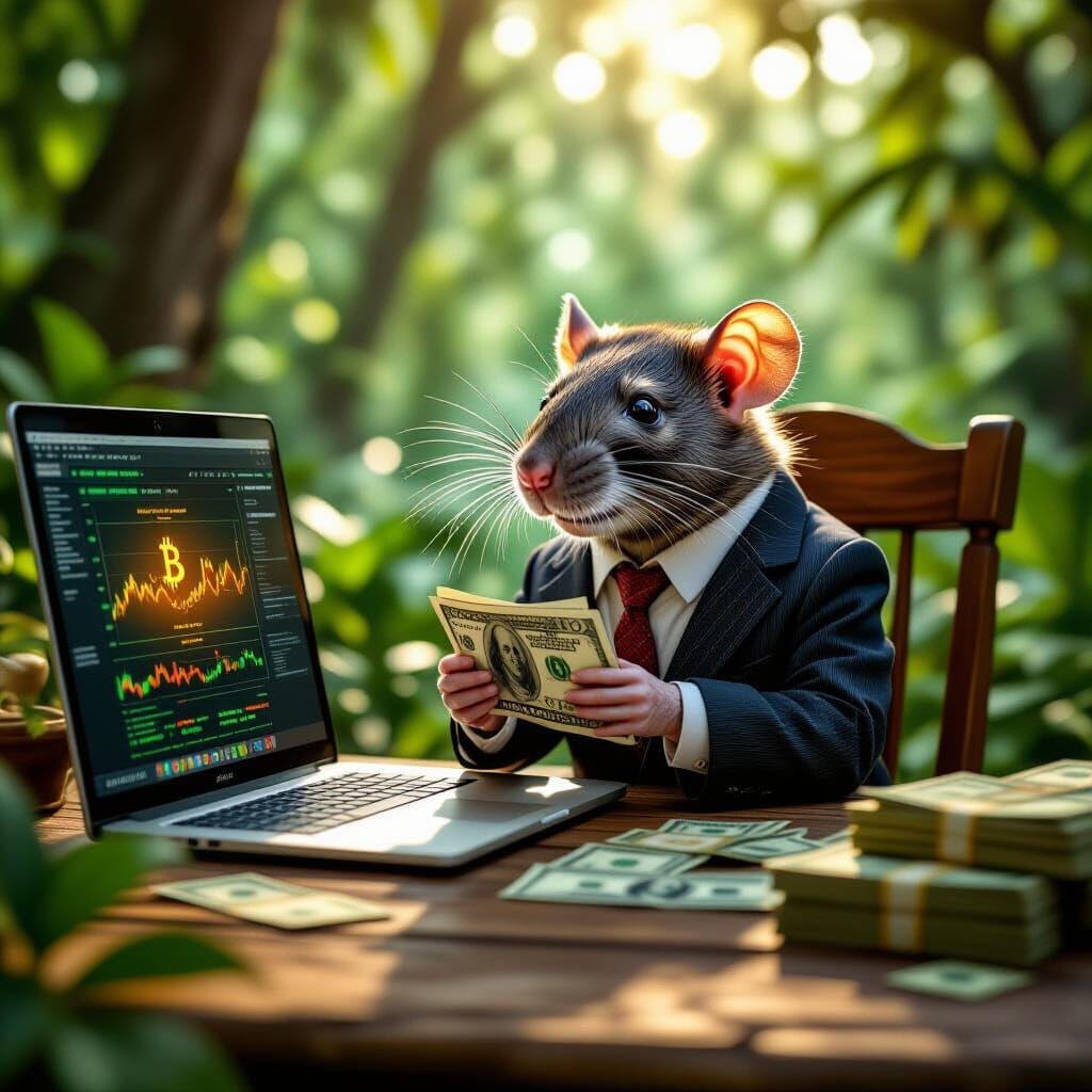Rat in Suit Counts Bitcoin Cash in Forest Office