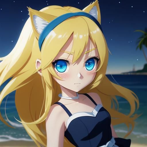 Chibi Catgirl on Beach in Anime Style