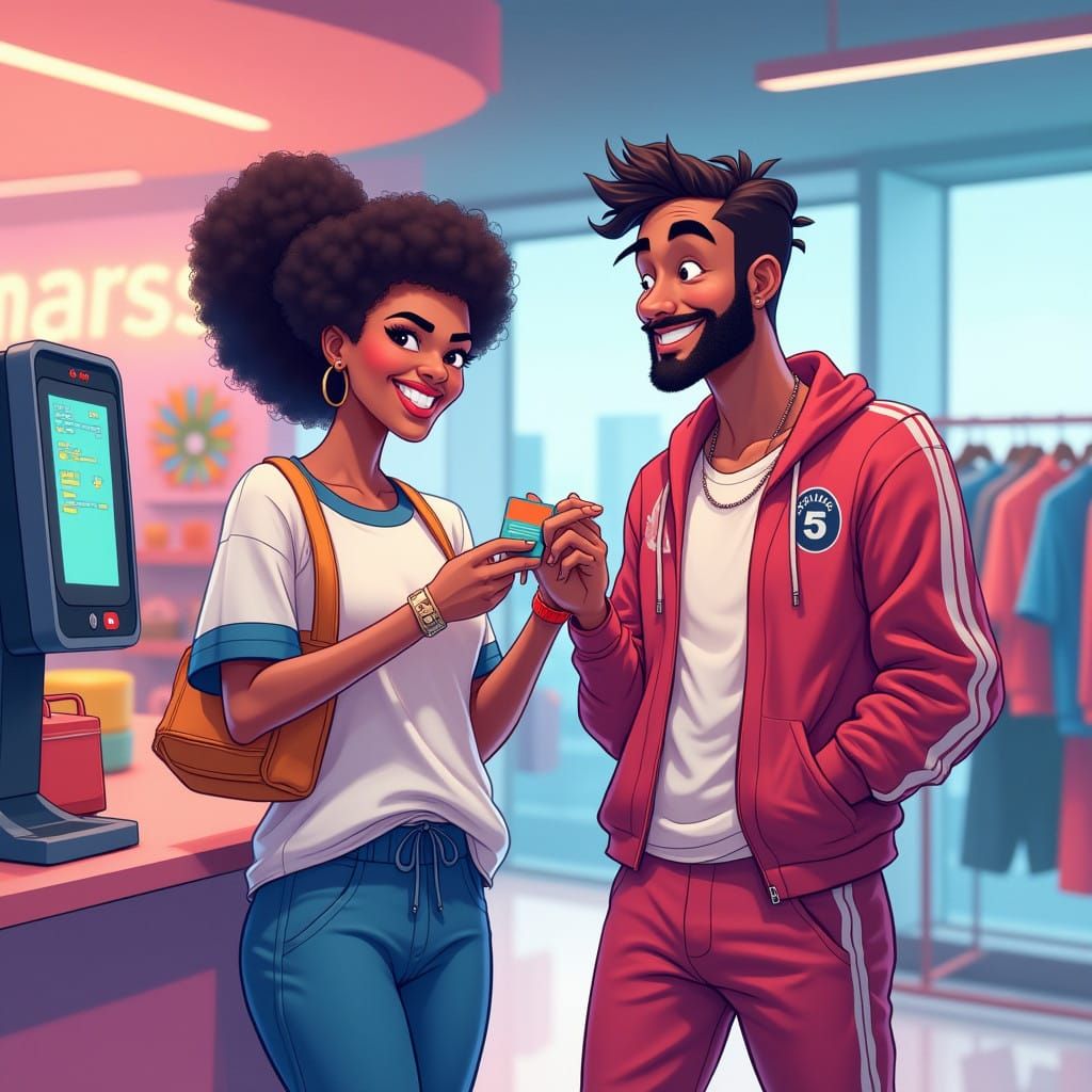 Vibrant Couple Shopping Together in Digital Illustration Sty...