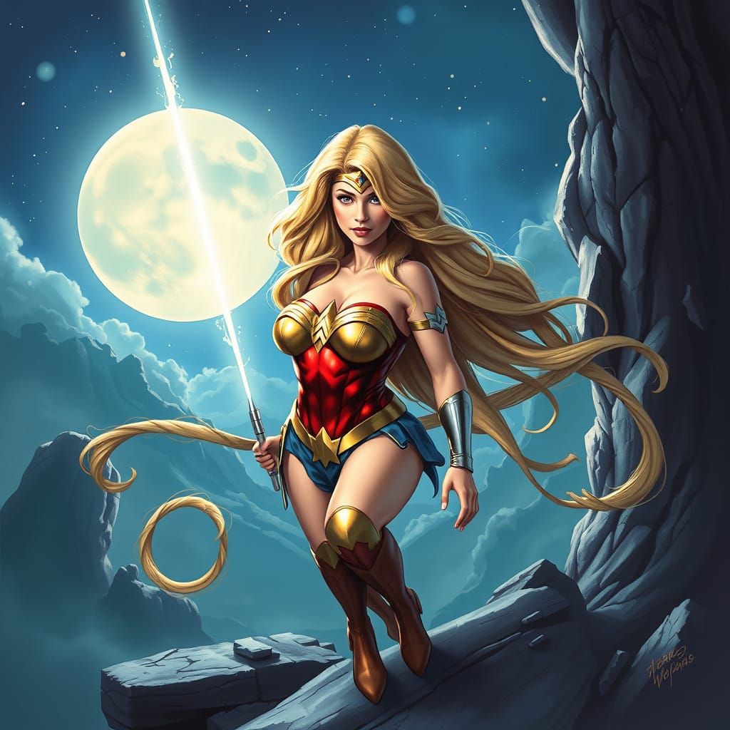 Rapunzel Empowered as Wonder Woman in Comic Book Art