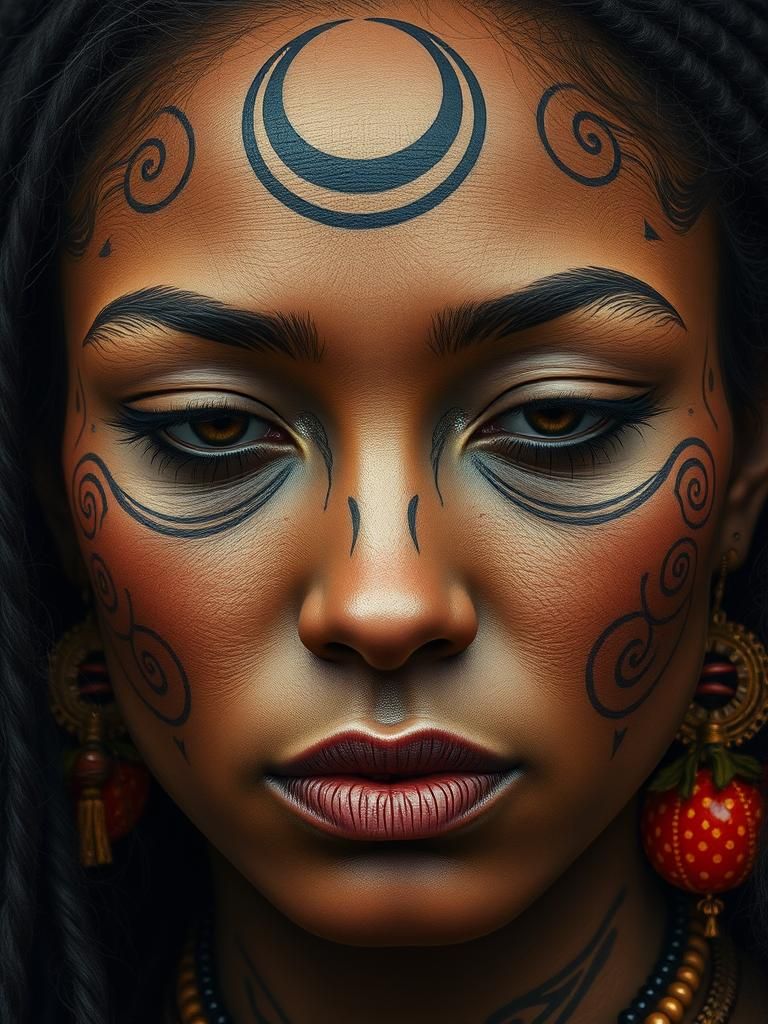 Indigenous Woman with Traditional Tattoos in Hyperrealism