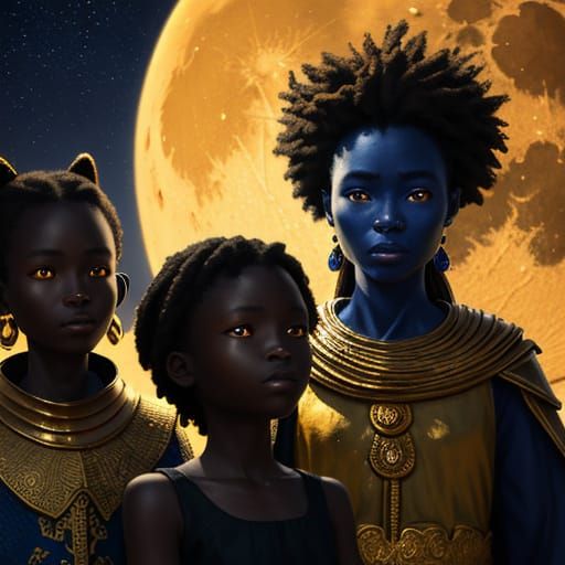 African Children Play Under Golden Moon, Oil Painting