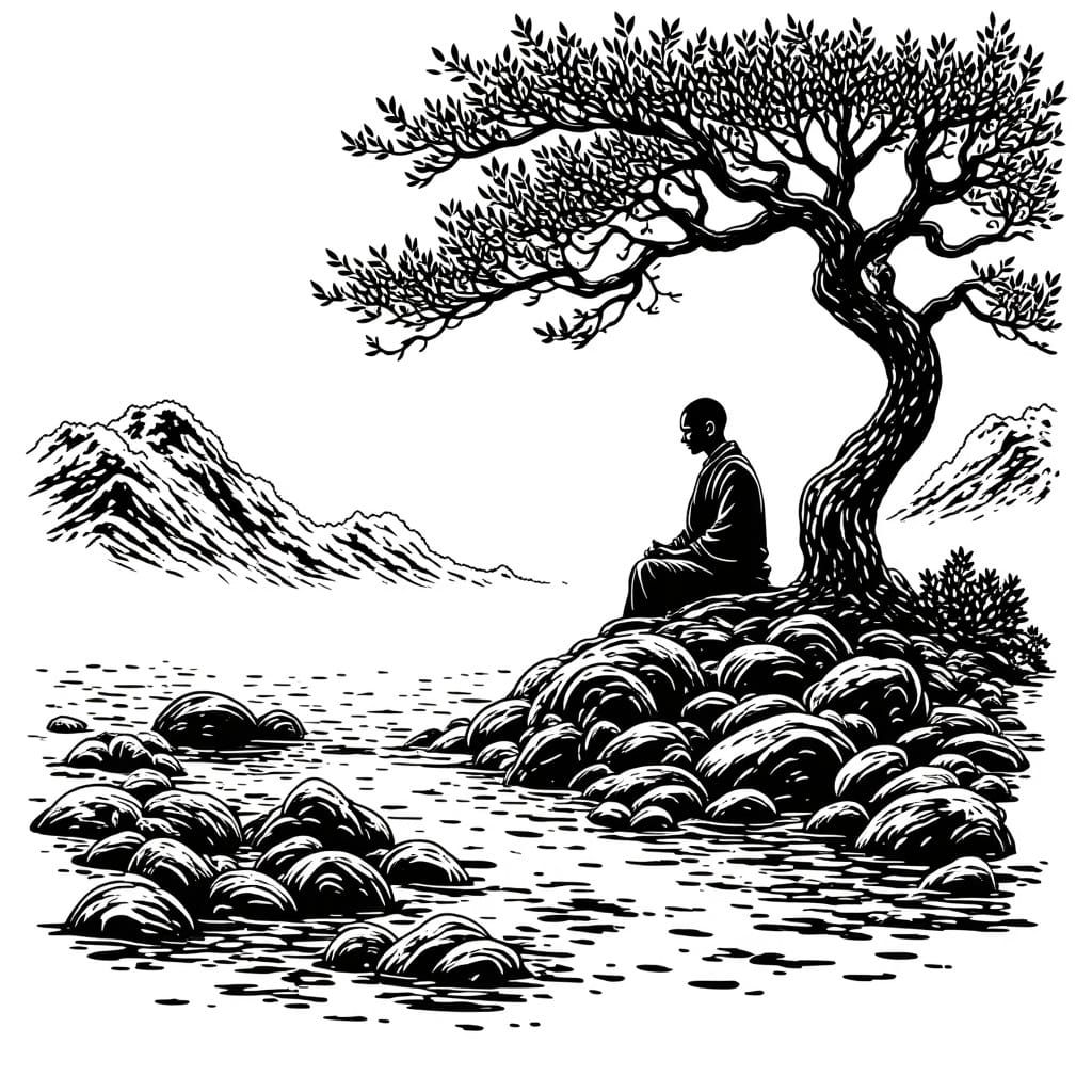 Monk in Meditation by Mountain Stream in Linoleum Print Styl...