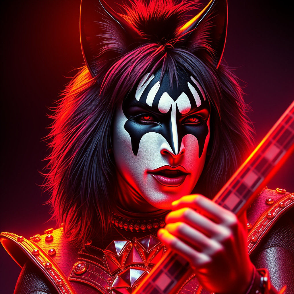 Hyperrealistic Portrait of Rock Guitarist in Amber Neon