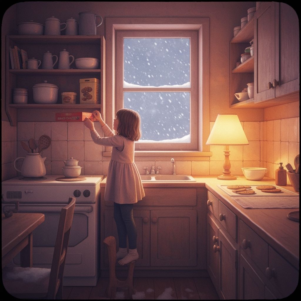 Girl Reaches for Cookies in Cozy Snowy Kitchen