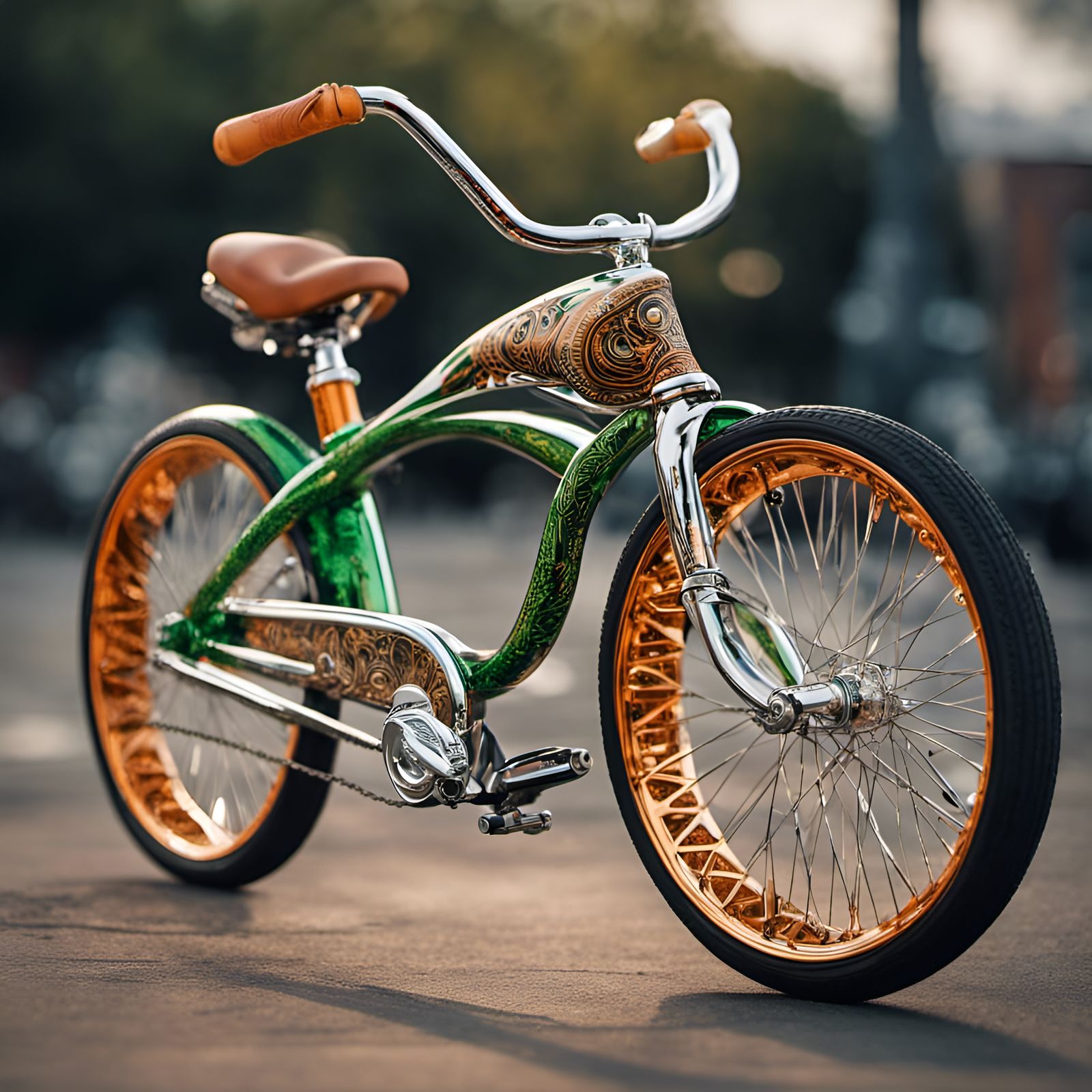 Custom Engraved Lowrider Bicycle in Chrome, Green and Orange