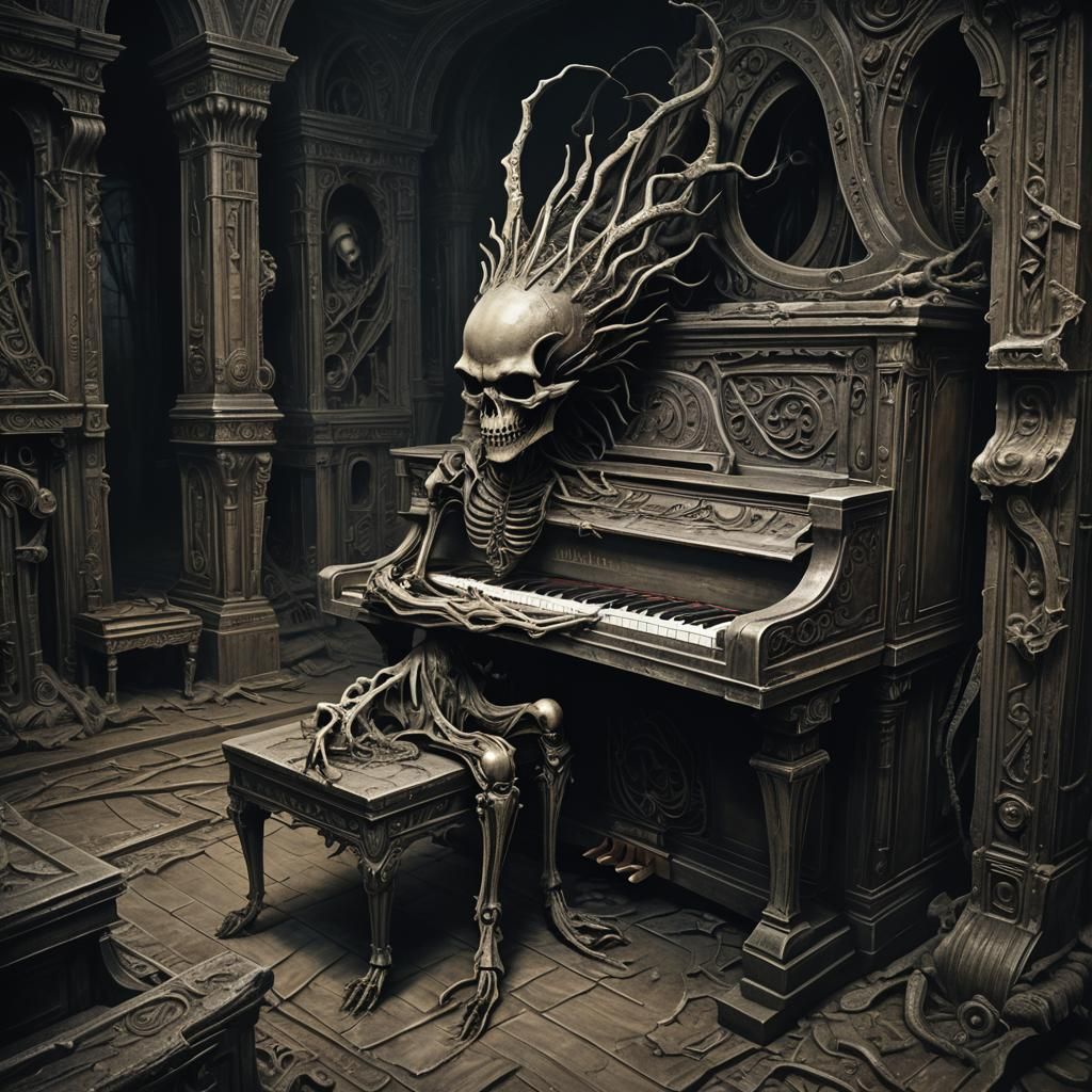Cursed Piano in Mystical Chamber: Dark Fantasy Art