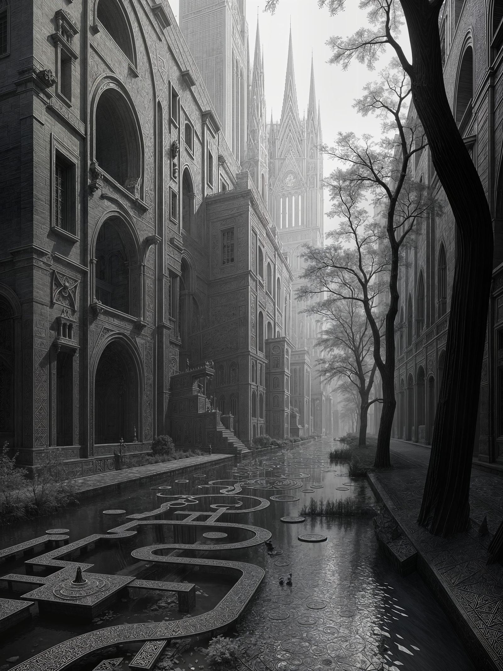 Abstract 3D Render: Geometric Maze in Black and White