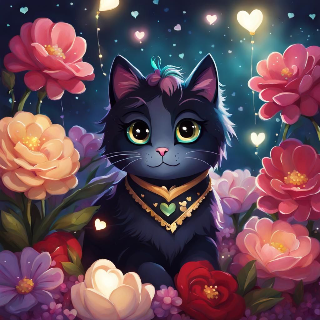 Cute Cat Surrounded by Flowers in Pony Style