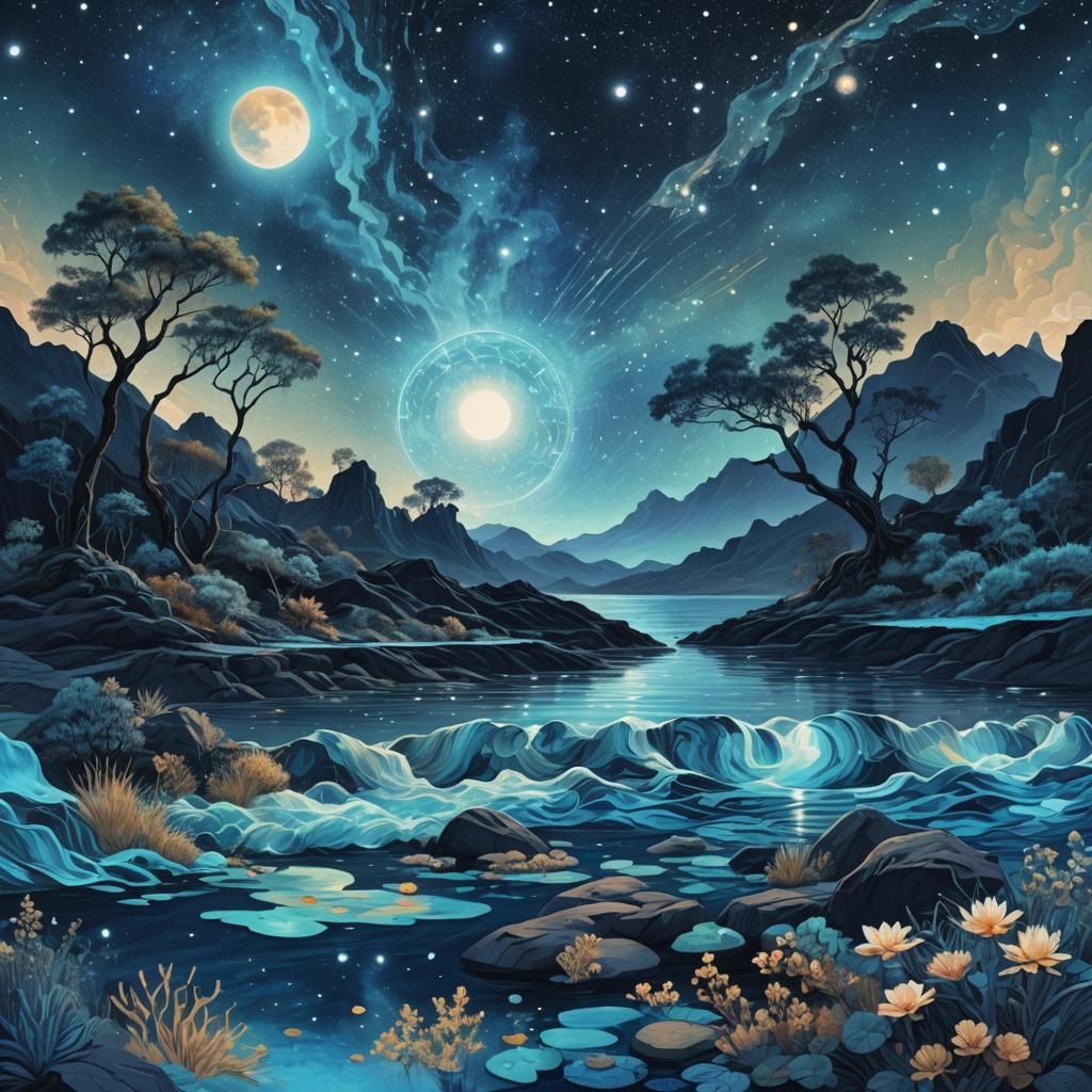 Blue Serene Landscape in Astral Cosmic Style